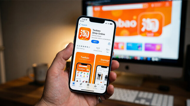 Taobao Mobile App on Smartphone Screen with Computer Monitor Displaying Chinese Online Shopping Marketplace Website of Alibaba Group Technology.