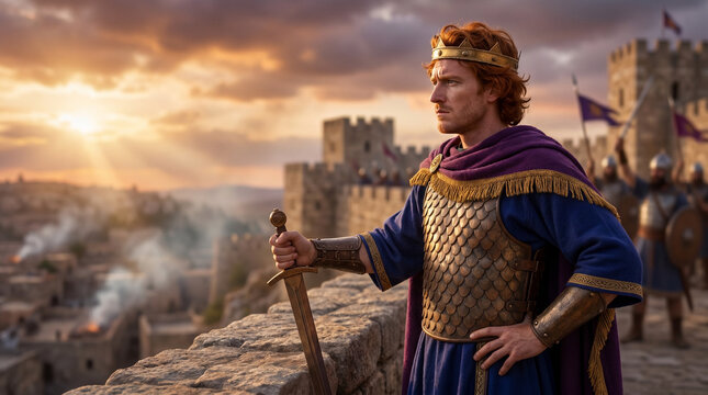 King David with solemn victory, standing on fortress wall, overlooking conquered city