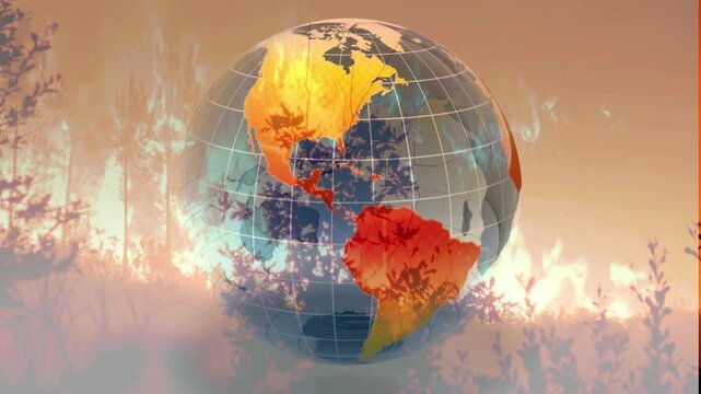 A glowing, burning earth globe overlaid on a blazing forest fire. Illustrates the severe impact of global warming, climate change, and environmental crisis.