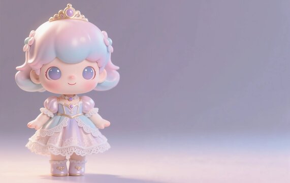 可愛いパステルカラーのフィギュアドールと右側の広い文字スペース背景イラスト / Cute pastel-colored figure doll with ample copy space on the right, background illustration