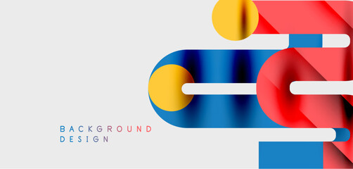 Obraz premium Abstract geometric shapes overlap, creating vibrant color gradients. Minimalist design with red, blue, yellow elements on white background.