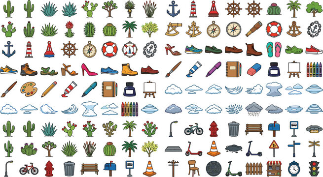 Vector illustration mega set of various cartoon icons including plants and cacti maritime nautical elements shoes art supplies clouds and urban city objects isolated on white background