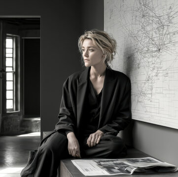 Blonde woman female entrepreneur founder office map business planning, thoughtful leader reviewing document beside wall map, monochrome workspace