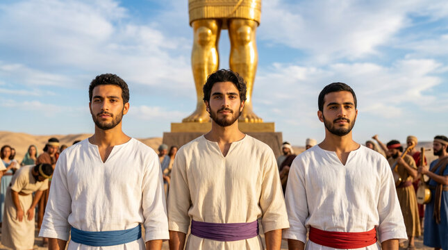 Shadrach, Meshach, and Abednego standing firm and refusing to bow before the massive golden idol of King Nebuchadnezzar