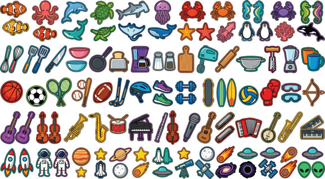 Vector illustration mega set of various cartoon icons including sea creatures kitchen utensils sport equipment musical instruments and space elements isolated on white background