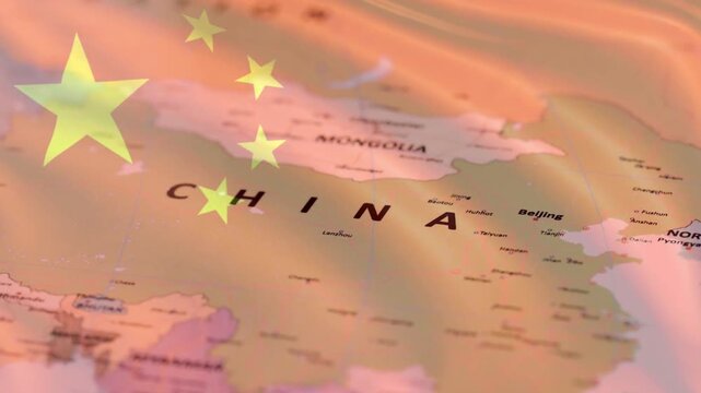 Waving Chinese national flag overlaid on a geographical map of China focusing on Beijing. Represents Chinese geopolitics, Asian economy, and global influence.