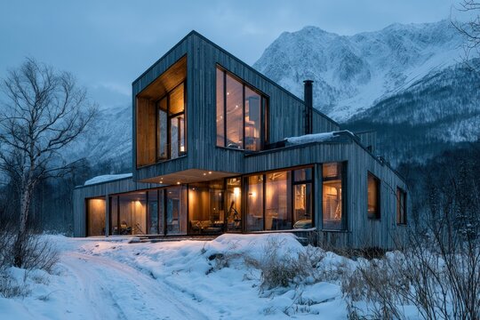modern cabin nestled in snowy mountains