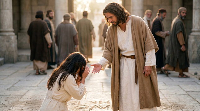 medium shot from low angle looking up at Jesus standing, the woman caught in adultery kneeling at his feet,