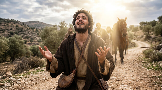 medium shot from low angle looking up at Saul of Tarsus kneeling on the ground on the road to Damascus, his hands raised toward the blinding divine light from heaven