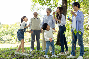 Joyful multi-generational Asian family playing with soap bubbles in a green park, laughing parents...