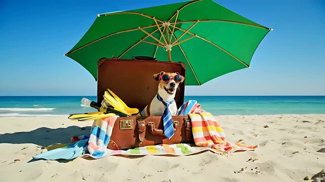 Jack Russell Terrier dog wearing sunglasses and a necktie sitting inside a vintage suitcase on a beach. Funny summer vacation travel concept with a pet. Ideal for tourism and holiday marketing.
