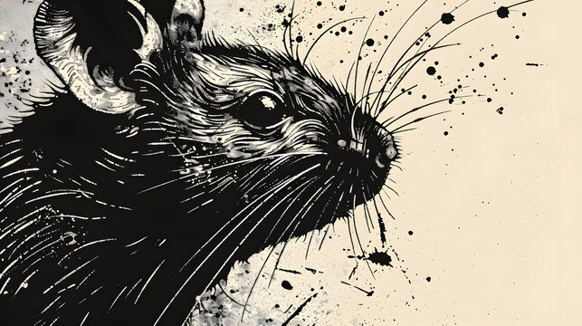 Close-up of a black rat's face with whiskers on a beige background with black splatters