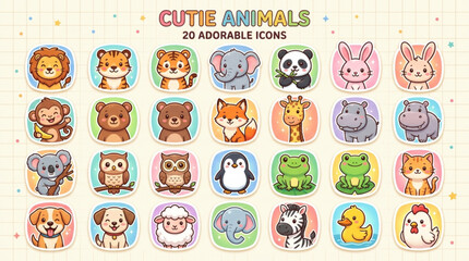 Obraz premium Cute animals icons collection with adorable creatures on colorful background