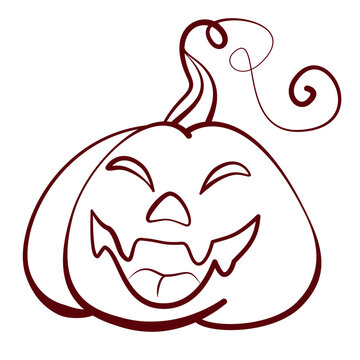Spooky Halloween pumpkin jack o lantern with vampire fangs, cute happy laughing line art doodle vector