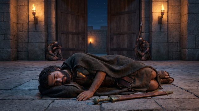 Uriah the Hittite sleeping at the palace gate with soldiers refusing to go home biblical scene 2 Samuel 11, Uriah lying on the stone floor wrapped in his cloak among other guards