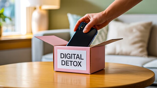 Digital detox concept with smartphone in box and hand reaching to reduce screen time