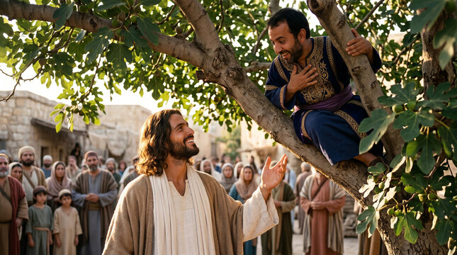 Jesus talking to Zacchaeus, cheerful interaction, Jerusalem street background