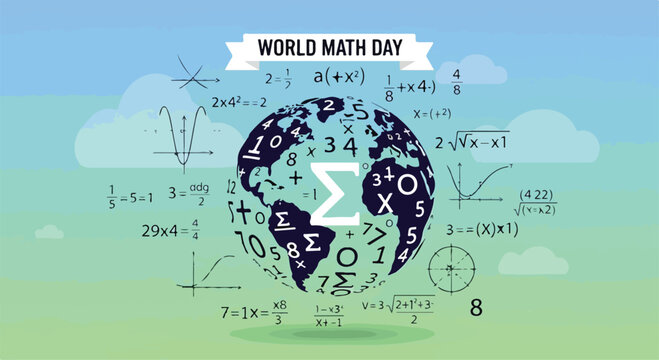 A colorful illustration celebrating World Math Day with a globe surrounded by mathematical equations and symbols