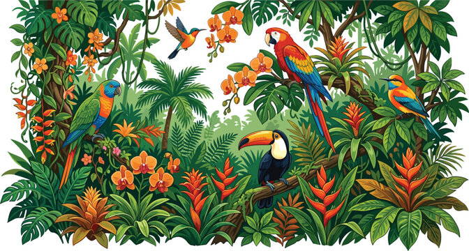 Vector illustration of various colorful tropical birds including scarlet macaw toucan and parrot perched in a lush green jungle rainforest landscape isolated on white background