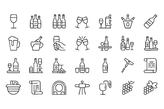 Wine Bar Line Icons for Alcohol, Beverage, Restaurant, and Hospitality Design