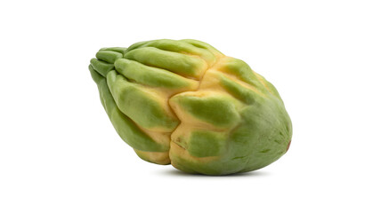 Fototapeta premium Unusual green chayote squash with yellow markings on a white background