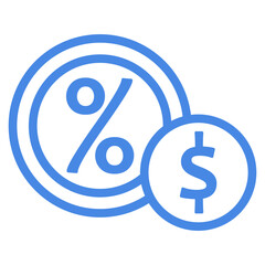 Obraz premium Blue percentage symbol coin line icon with a dollar sign coin in the foreground isolated on a white background