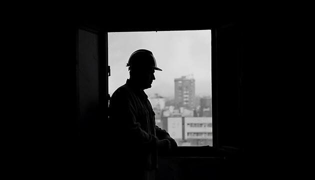 A black and white film-noir style portrait of a weary construction worker in a hard hat.