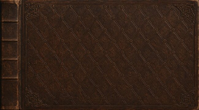 Vintage dark brown leather book cover with embossed floral diamond pattern