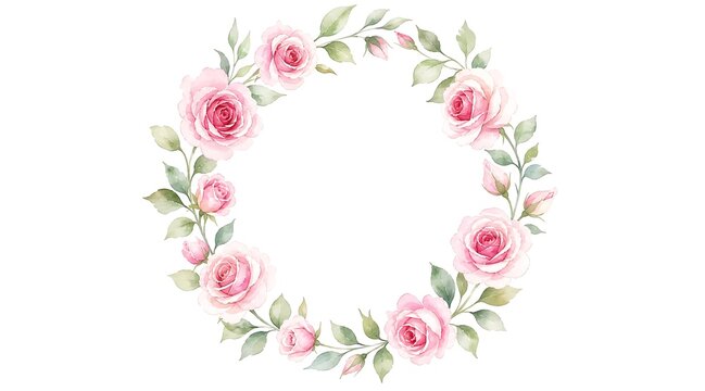 Watercolor pink rose wreath floral frame with green leaves isolated on white background for wedding card design