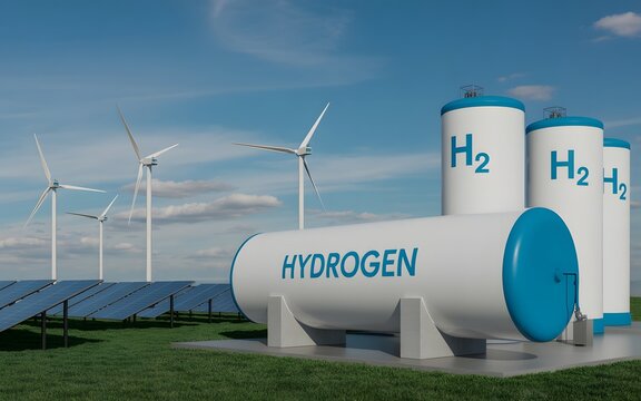 Wind turbines producing green hydrogen energy storage tanks