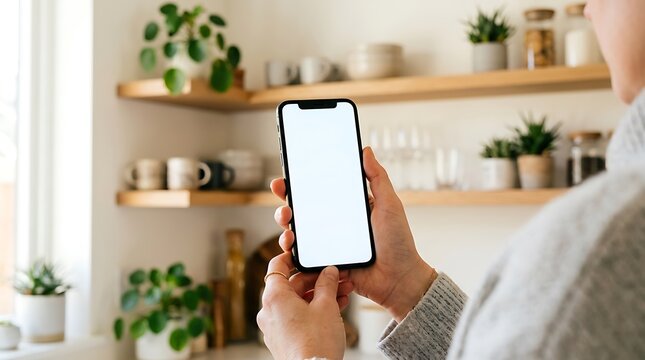 Person holding smartphone mockup in cozy kitchen with plants and shelving smartphone technology interior lifestyle.