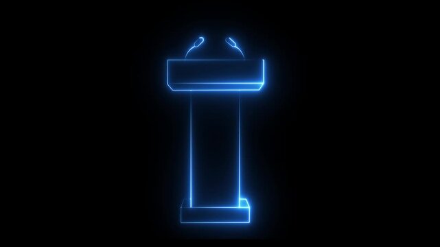 Glowing neon Podium Tribune Rostrum Stand with Microphones icon isolated on black background. Stage stand or debate podium rostrum icon animation. Conference speech. black background 4k video
