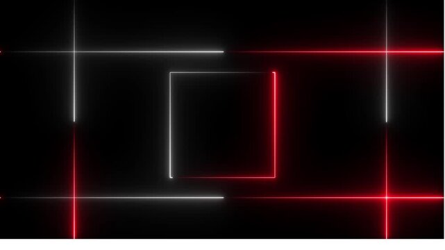 NEON Lights motion red white color loops square motion draws and beautiful lights background linear lamp Beautiful abstract square light line moving fast 4k video