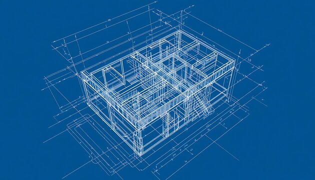 High-angle orthographic view of a technical architectural blueprint of a multi-story building plan