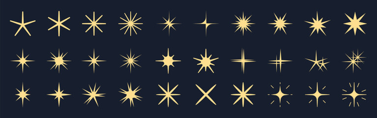 Obraz premium Vector set of various golden starburst shapes on a dark background.