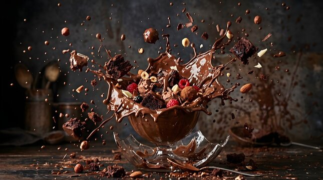 A creative food photography shot showing a magnificent splash of rich liquid chocolate exploding out of a glass bowl, mixed with floating nuts and berries.