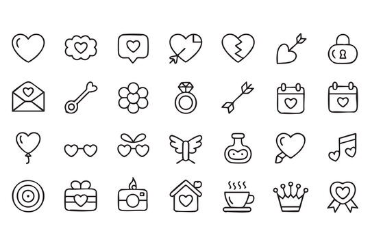 Romantic Relationship Line Icon Set with Wedding, Dating and Anniversary Graphics