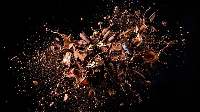 A high speed photography shot capturing a dramatic explosion and splash of liquid chocolate and cocoa chunks frozen mid air against a solid black background.