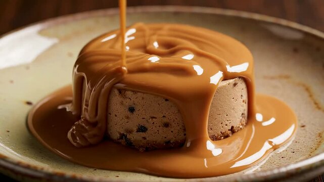 Close-Up Of Decadent Chocolate Mousse Cake Topped With Creamy Caramel Sauce Artfully Drizzled For An Indulgent Dessert Experience