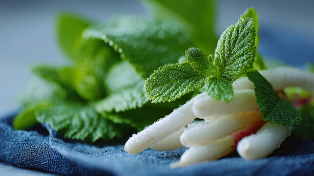 Fresh white daikon radish roots arranged with green mint leaves on textured blue cloth, vegetable