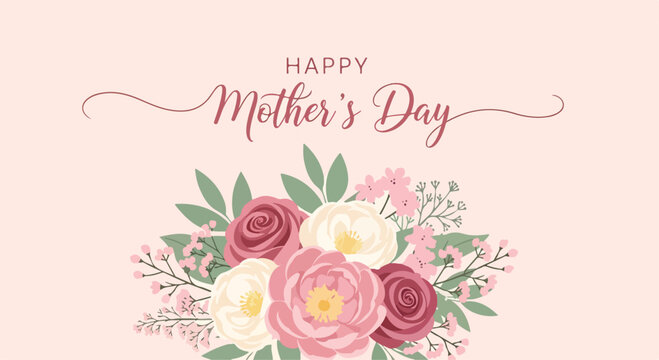A bouquet of pink, white, and red flowers with green leaves on a pink background