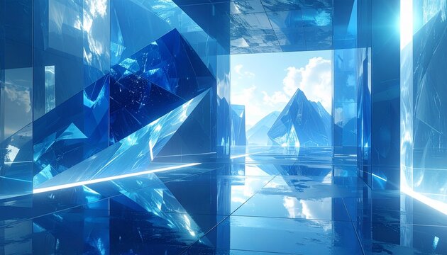 Abstract blue crystal reflections, glass light refractions, spacious composition, premium background