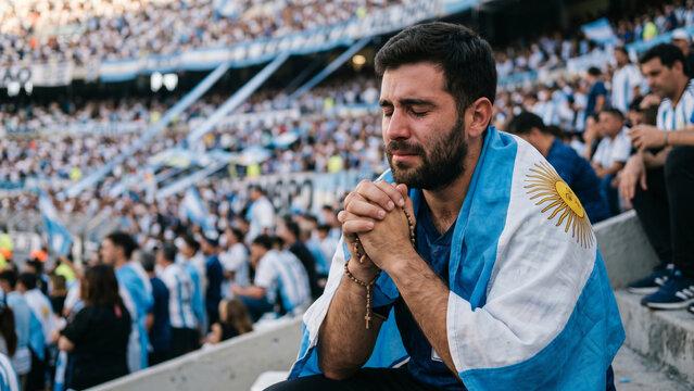 Emotional Argentina soccer fan is praying in a crowded stadium