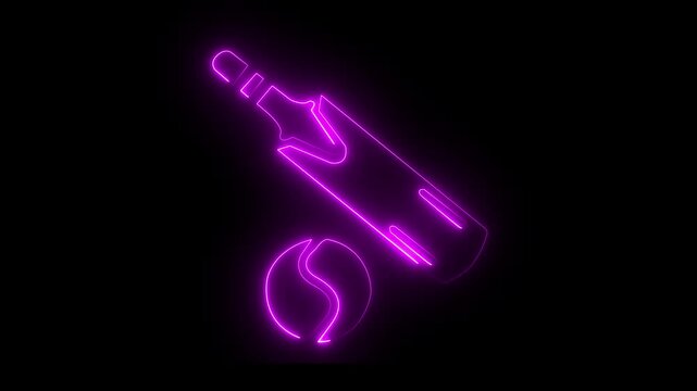 Neon glowing cricket bat and ball icon, cricket sports equipment symbol on a black background. 4k video animation
