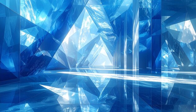 Abstract blue crystal reflections, glass light refractions, spacious composition, premium background