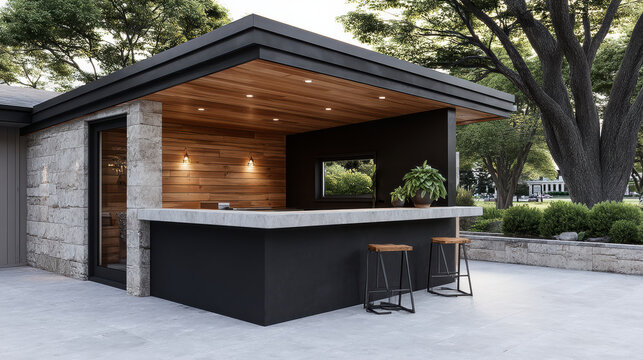 Outdoor bar modern pavilion slanted roof wood ceiling stone wall concrete countertop bar stool garden patio, warm lighting beside tree