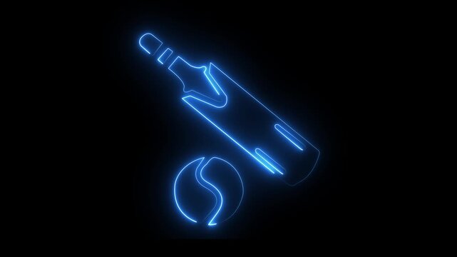 Neon glowing cricket bat and ball icon, cricket sports equipment symbol on a black background. 4k video animation