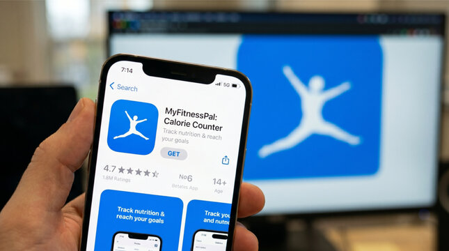 Hand Holding iPhone with MyFitnessPal App Store Page on Screen Displaying Calorie Counter Nutrition Tracker and Diet Management Software Technology