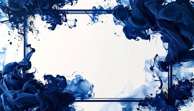 Deep navy ink diffusion forming elegant corner frame, Japanese sumi-e inspired abstraction background