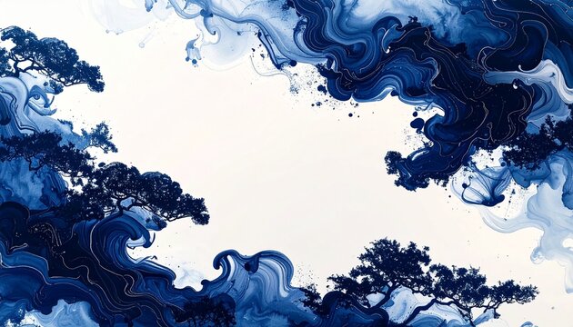 Deep navy ink diffusion forming elegant corner frame, Japanese sumi-e inspired abstraction background